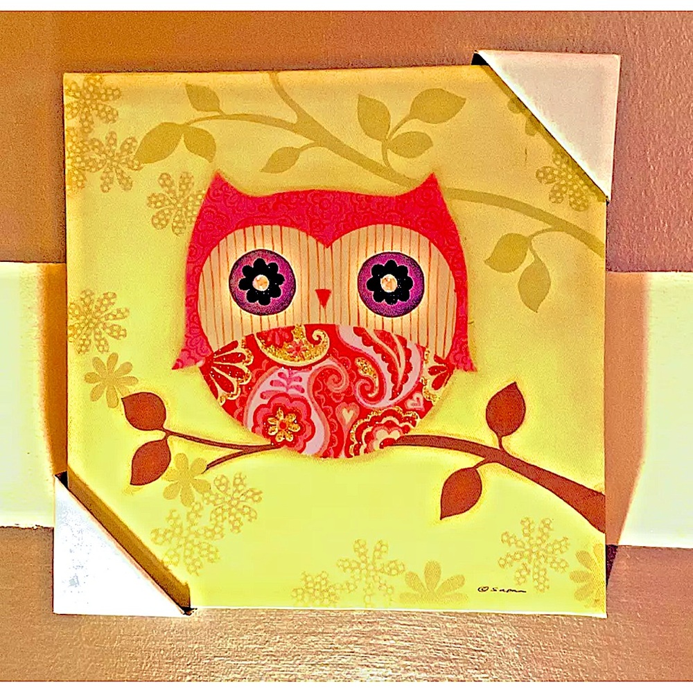 🦉ARTISSIMO DESIGNS🦉GLITTER PAISLEY WINGS RHINESTONE EYES Owl Canvas Art SIGNED